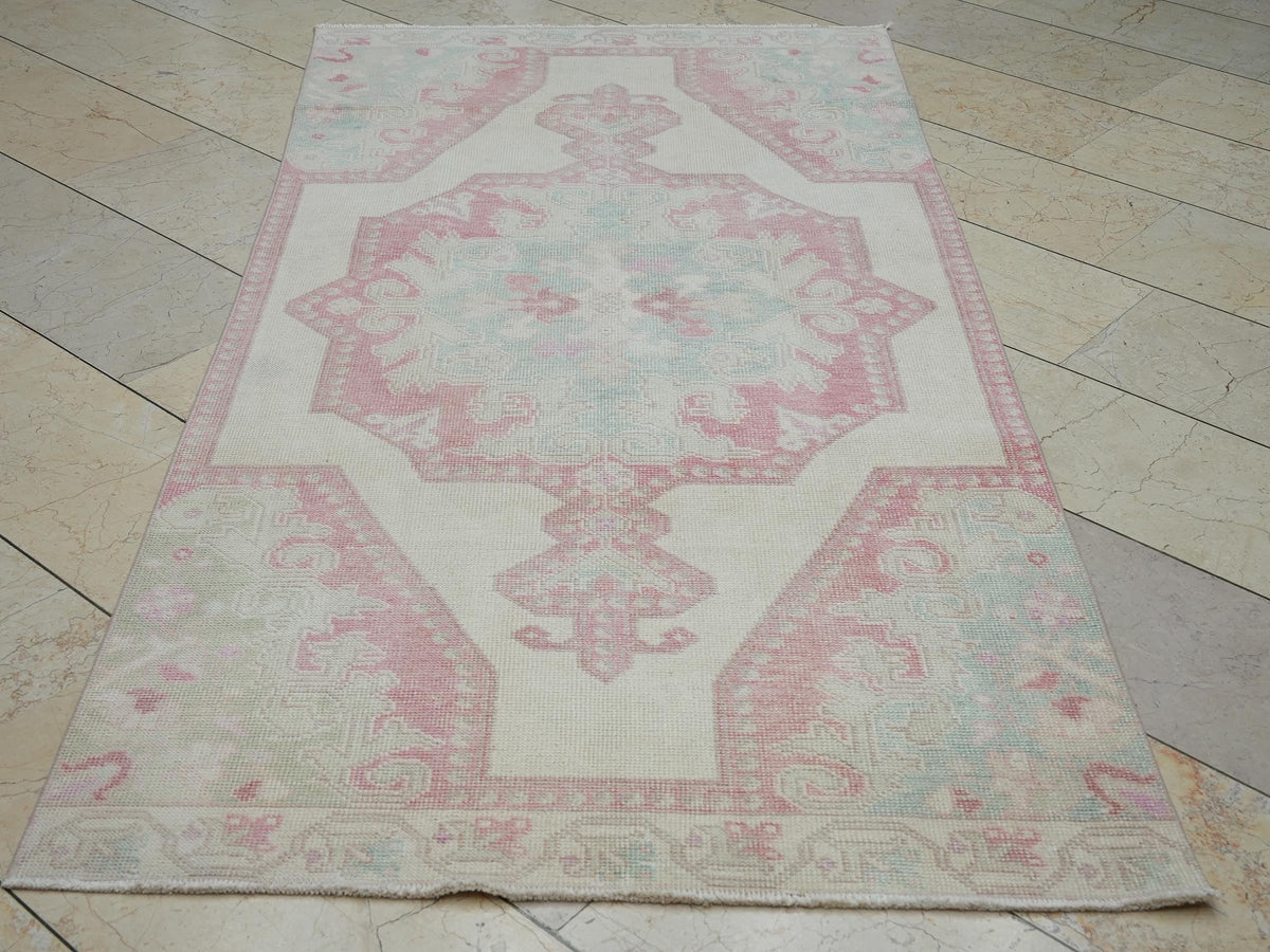 Small Size Handmade Wool Oushak Rug: 3,7"x7,5" Ft,Mid-Century Turkish Carpet.
