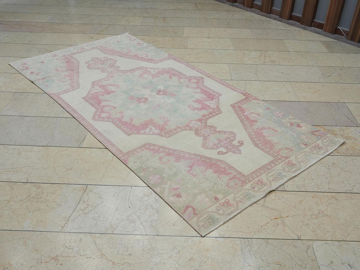 Small Size Handmade Wool Oushak Rug: 3,7"x7,5" Ft,Mid-Century Turkish Carpet.