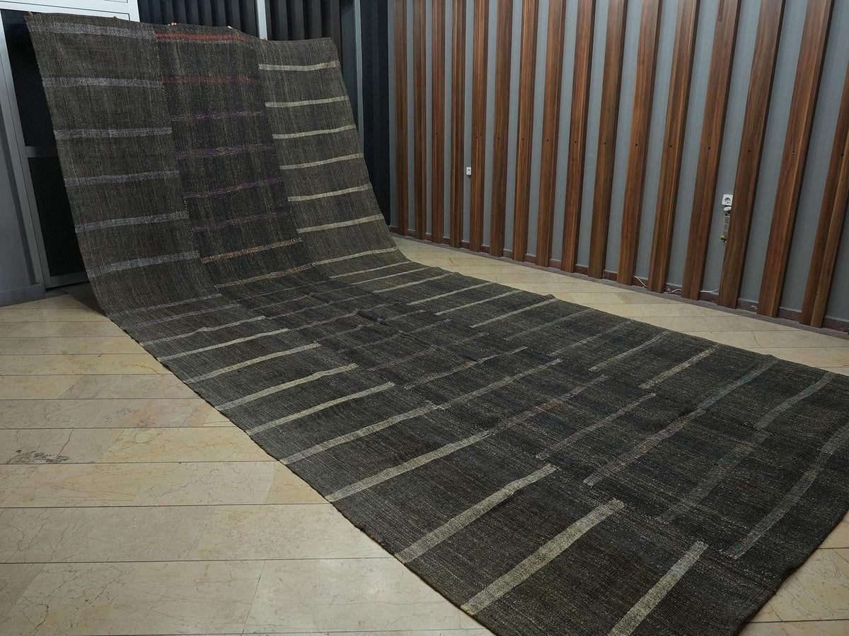 9x21 Extra Large Turkish Kilim Rug: Goat Hair & Rag, Handwoven Striped Pattern Rugs.