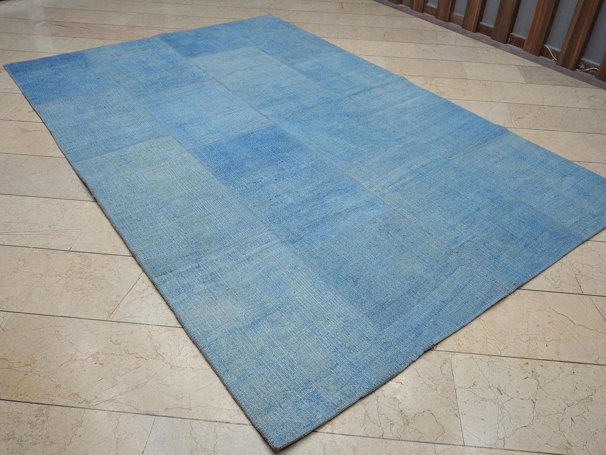 Overdye Blue Turkish Hemp Patchwork Kilim Rug,5.8"x9.8" Feet,