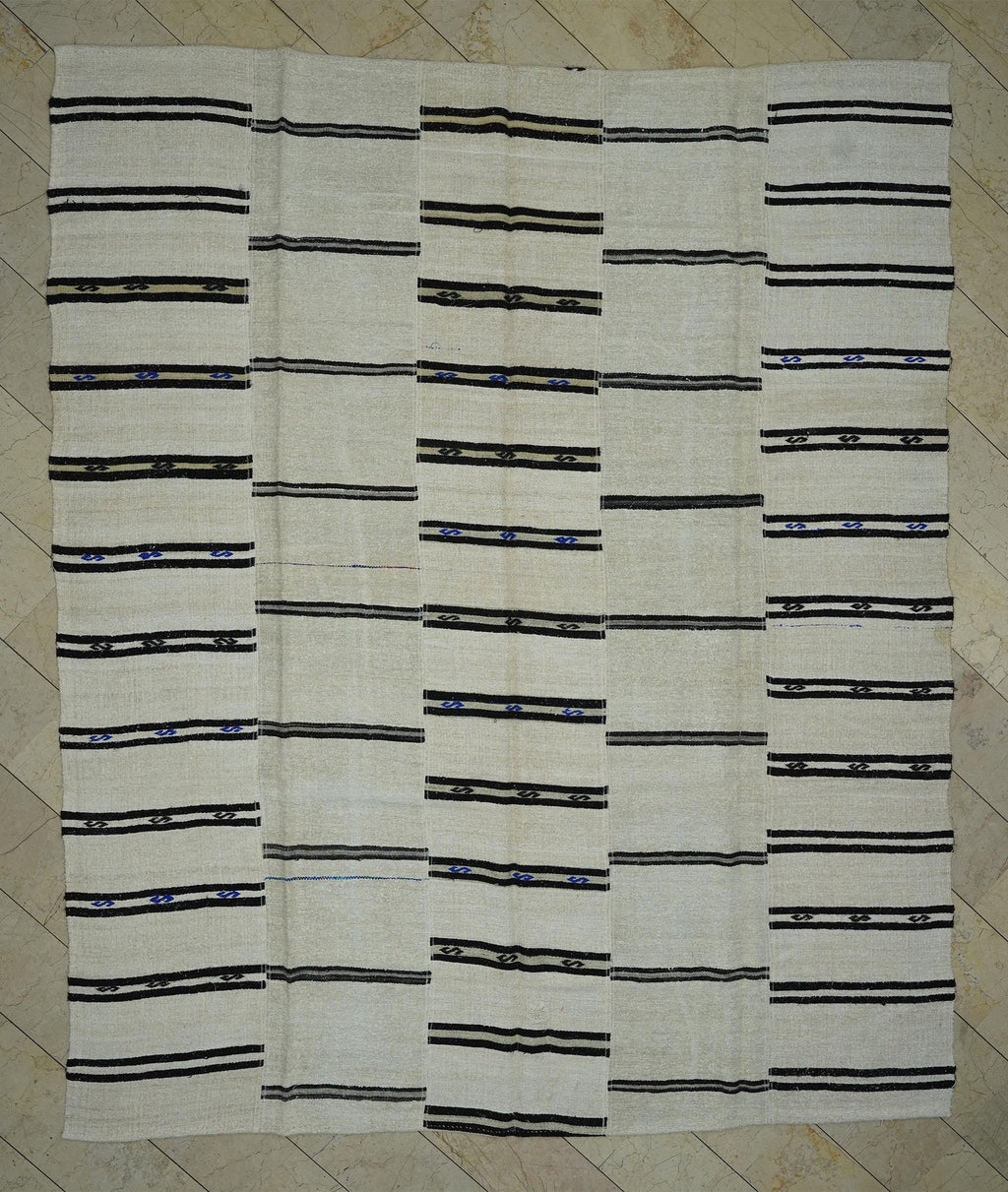 Striped Hemp Kilim Rug: Oversize Turkish Flat Weave Moody Decor Rugs 10"x12"