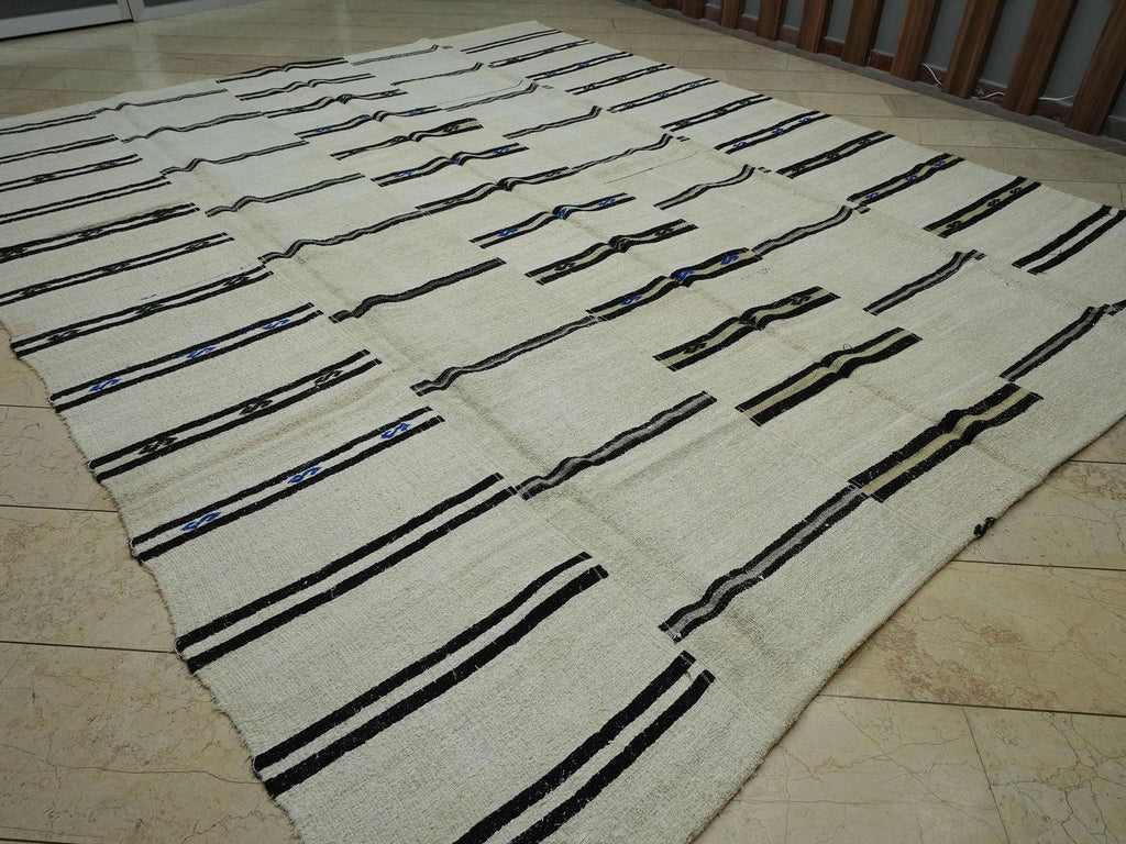 Striped Hemp Kilim Rug: Oversize Turkish Flat Weave Moody Decor Rugs 10"x12"