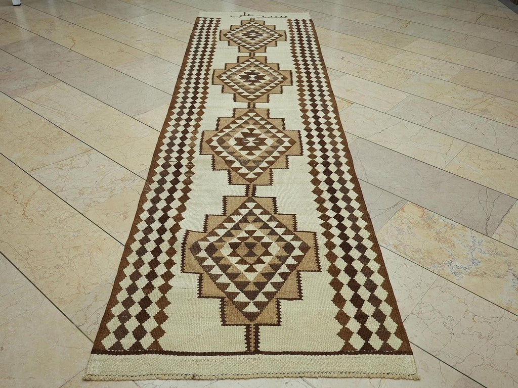 Old Turkish Kilim Rug Runner: Brown Cream Primitive Decor Rugs 3x10.7 Ft.