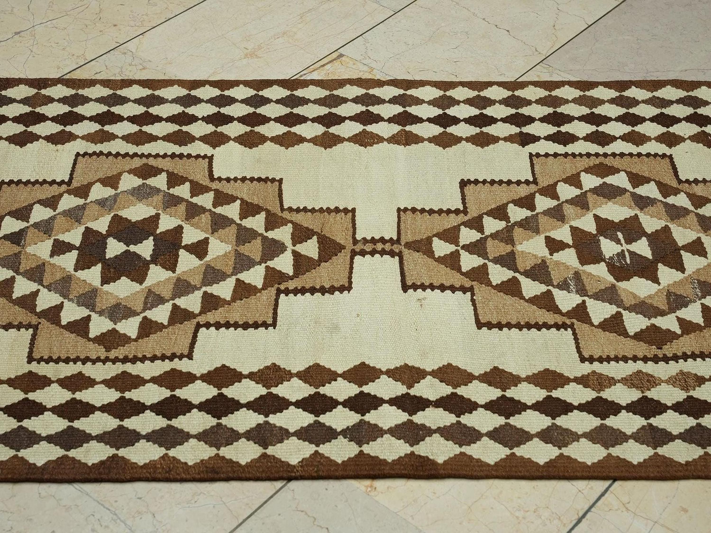 Old Turkish Kilim Rug Runner: Brown Cream Primitive Decor Rugs 3x10.7 Ft.