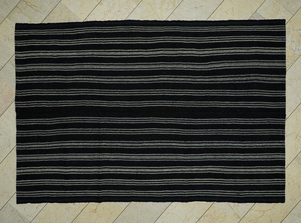 Vintage Turkish Goat Hair Kilim Rug: Bohemian Brown Stripe, 6x8.5 ft