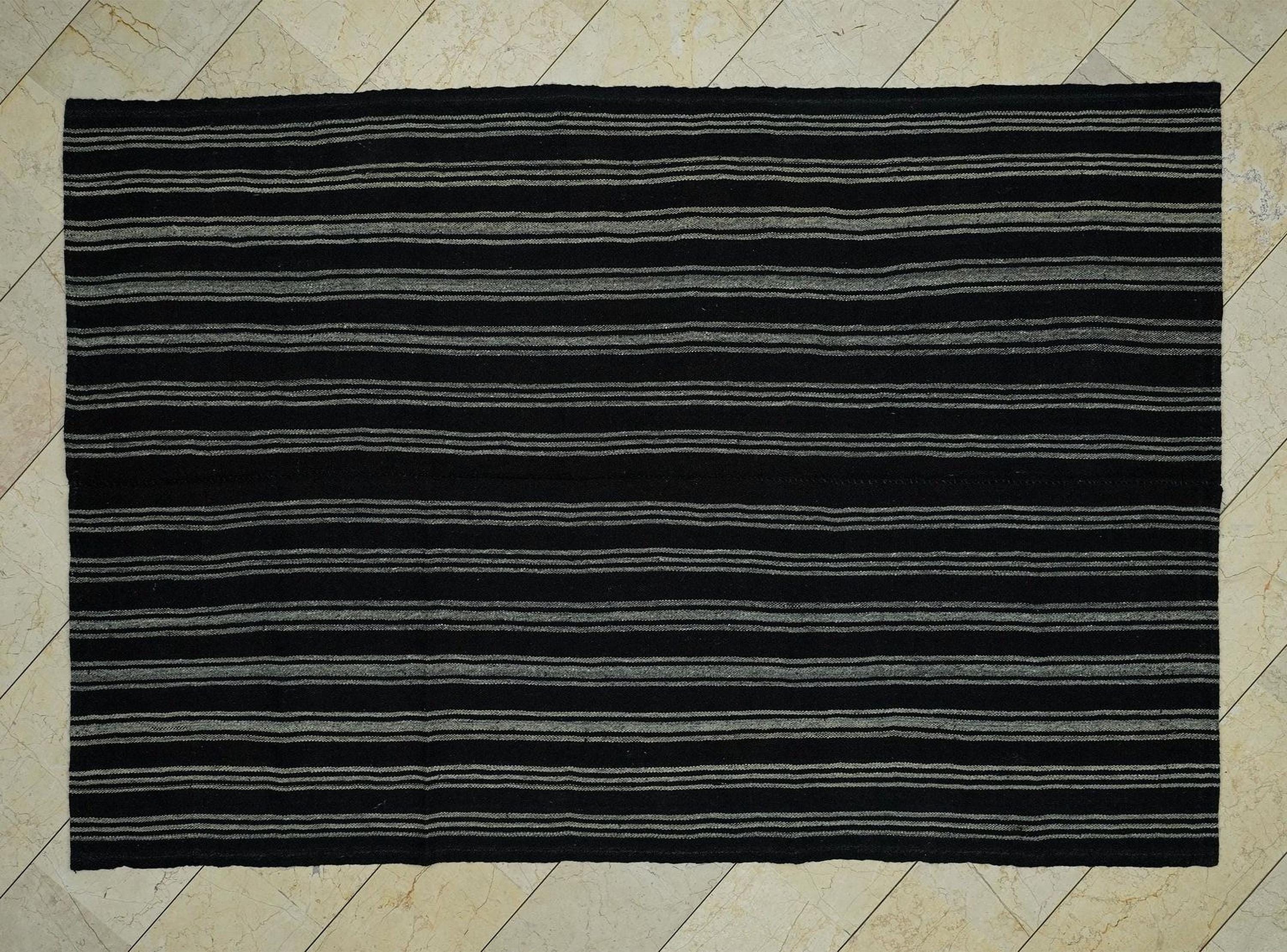 Vintage Turkish Goat Hair Kilim Rug: Bohemian Brown Stripe, 6x8.5 ft