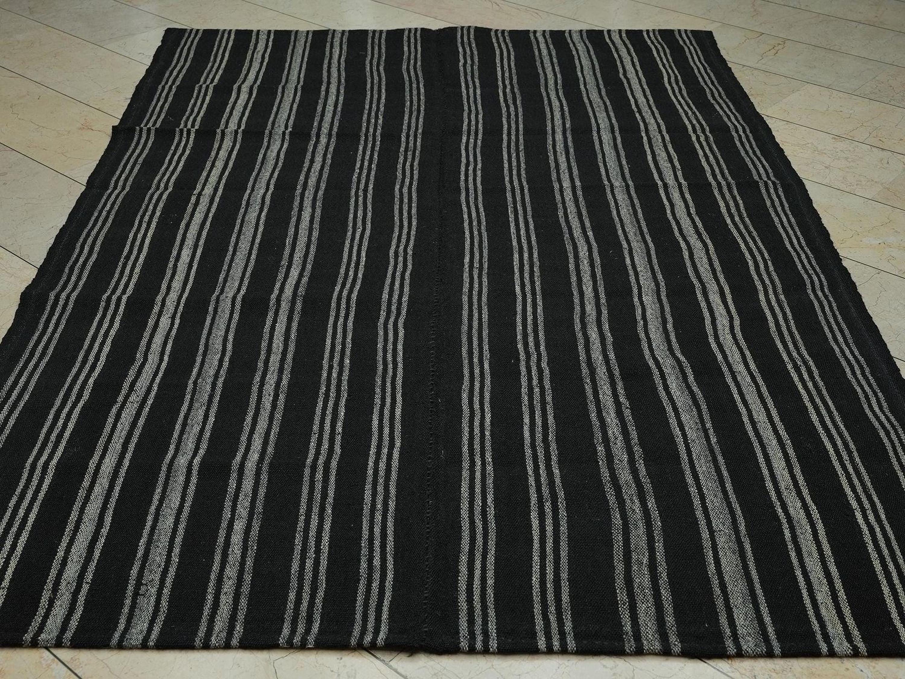 Vintage Turkish Goat Hair Kilim Rug: Bohemian Brown Stripe, 6x8.5 ft