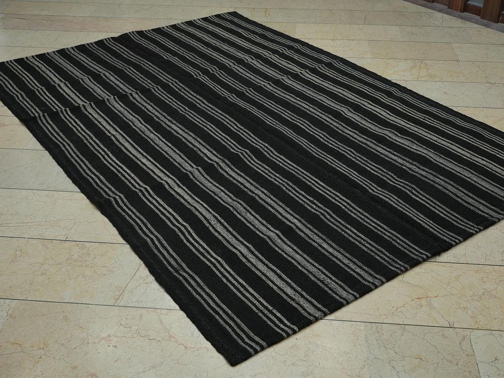Vintage Turkish Goat Hair Kilim Rug: Bohemian Brown Stripe, 6x8.5 ft