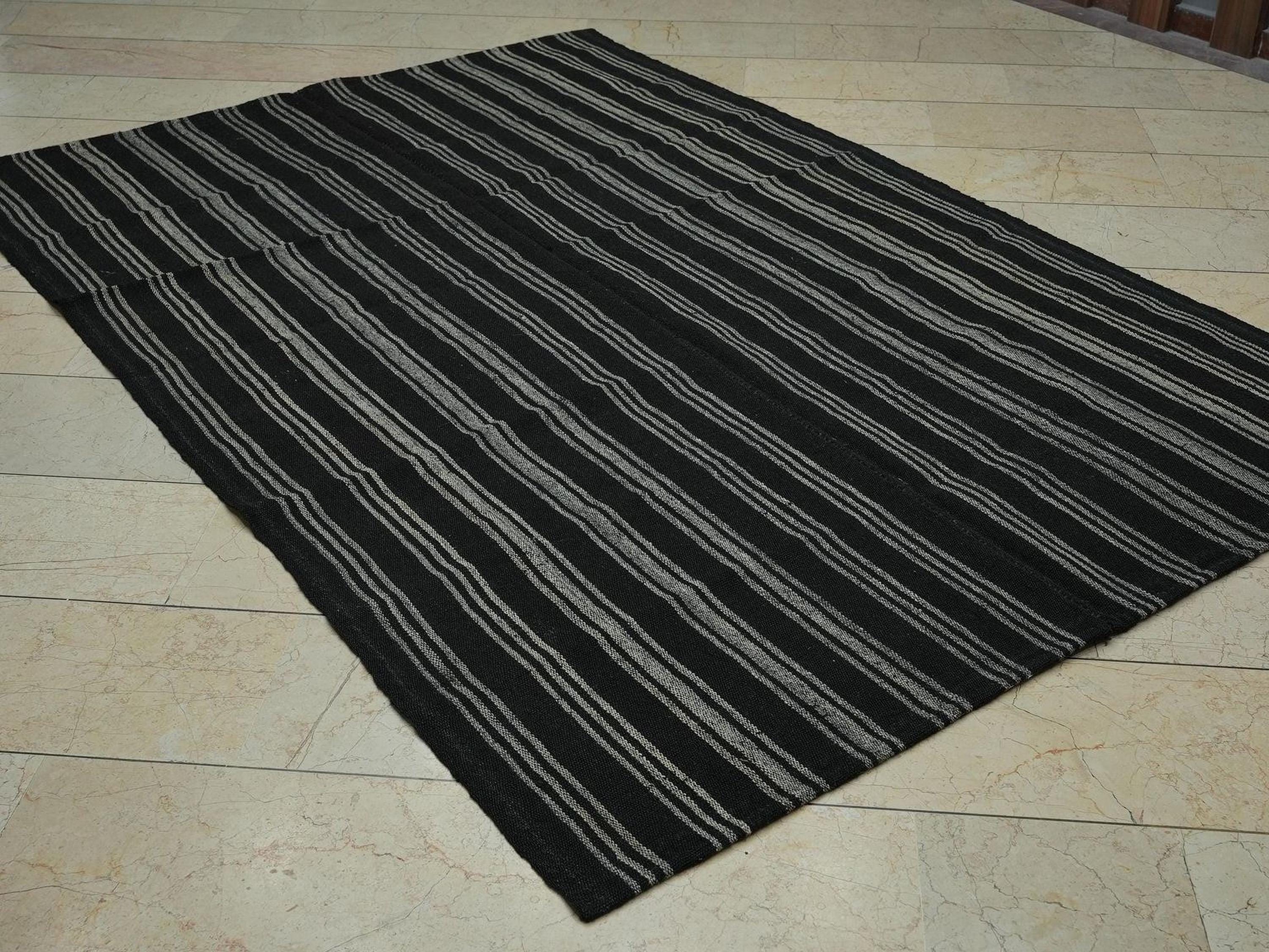 Vintage Turkish Goat Hair Kilim Rug: Bohemian Brown Stripe, 6x8.5 ft
