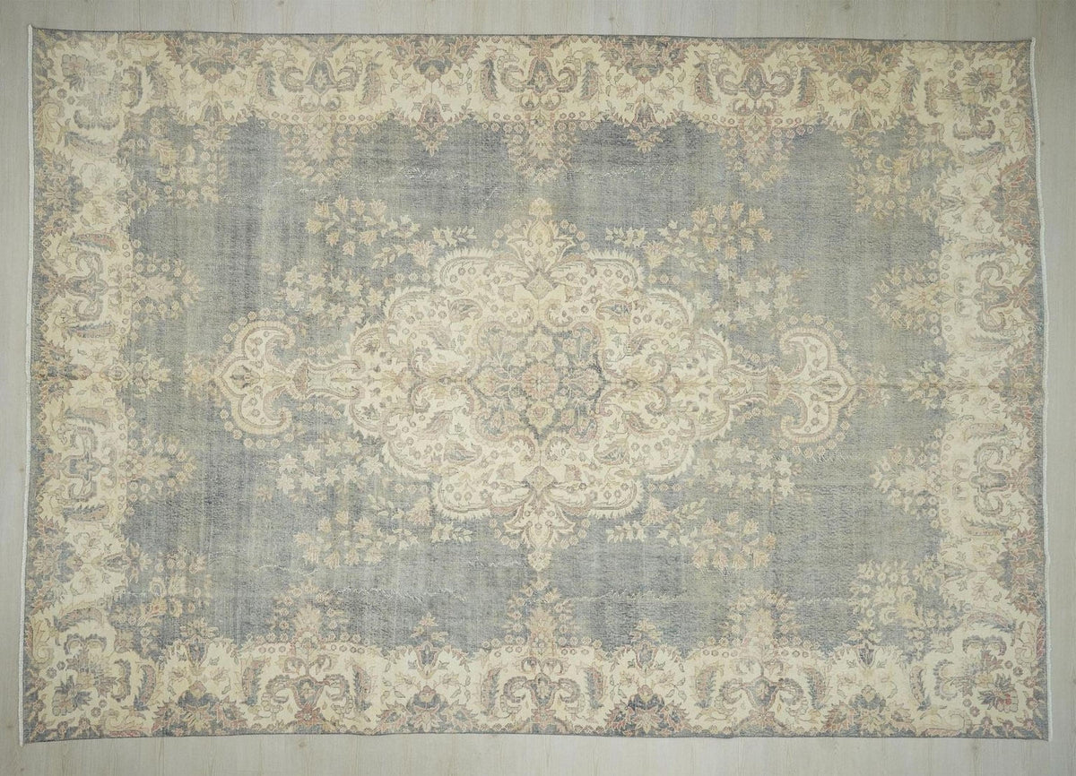 10x14 Oversize Gray-Blue Vintage Turkish Oushak Rug: Large Living Room Flor Decor Handwoven Rugs.