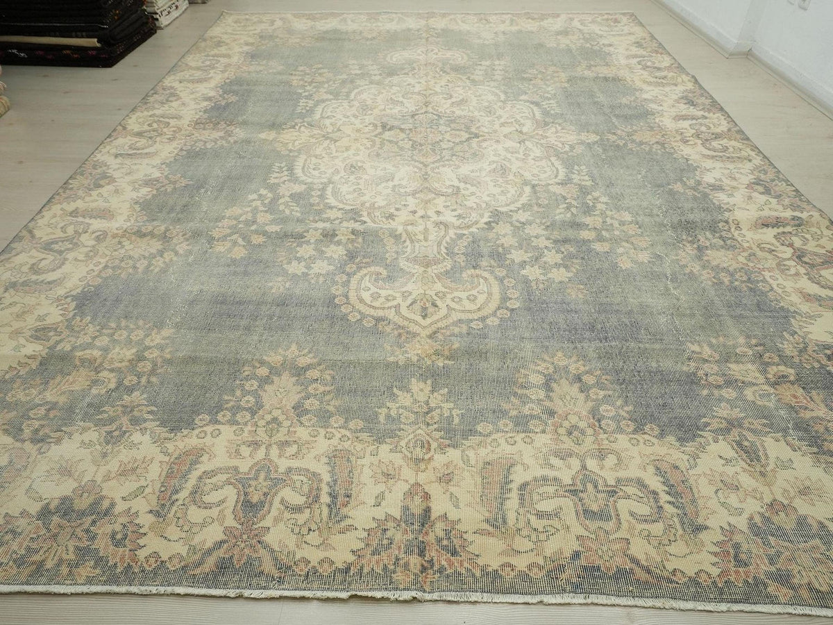 10x14 Oversize Gray-Blue Vintage Turkish Oushak Rug: Large Living Room Flor Decor Handwoven Rugs.