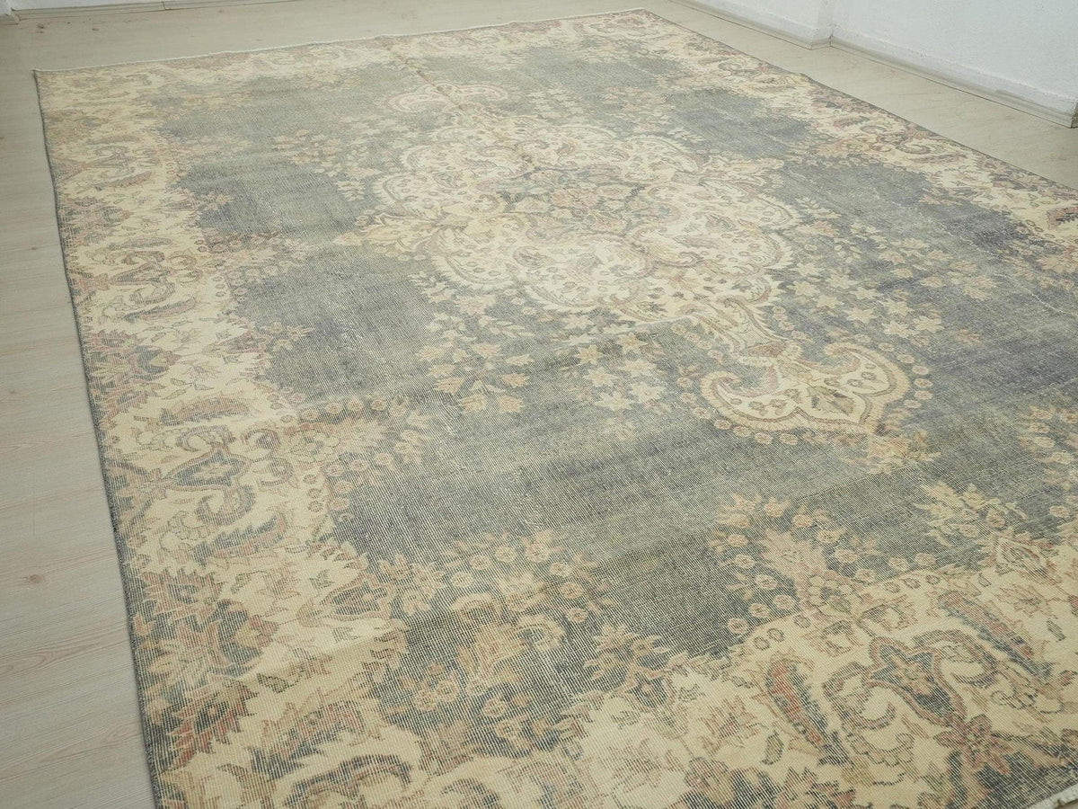 10x14 Oversize Gray-Blue Vintage Turkish Oushak Rug: Large Living Room Flor Decor Handwoven Rugs.