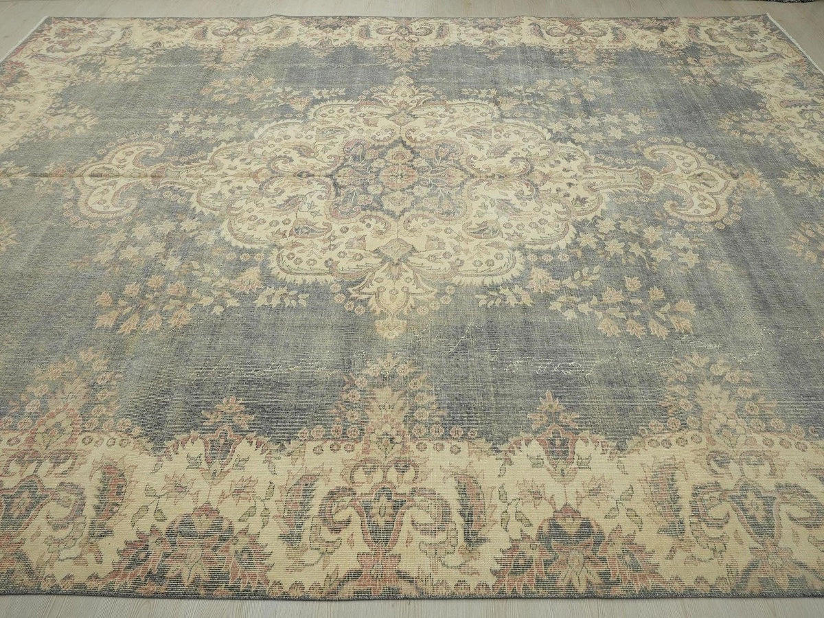 10x14 Oversize Gray-Blue Vintage Turkish Oushak Rug: Large Living Room Flor Decor Handwoven Rugs.