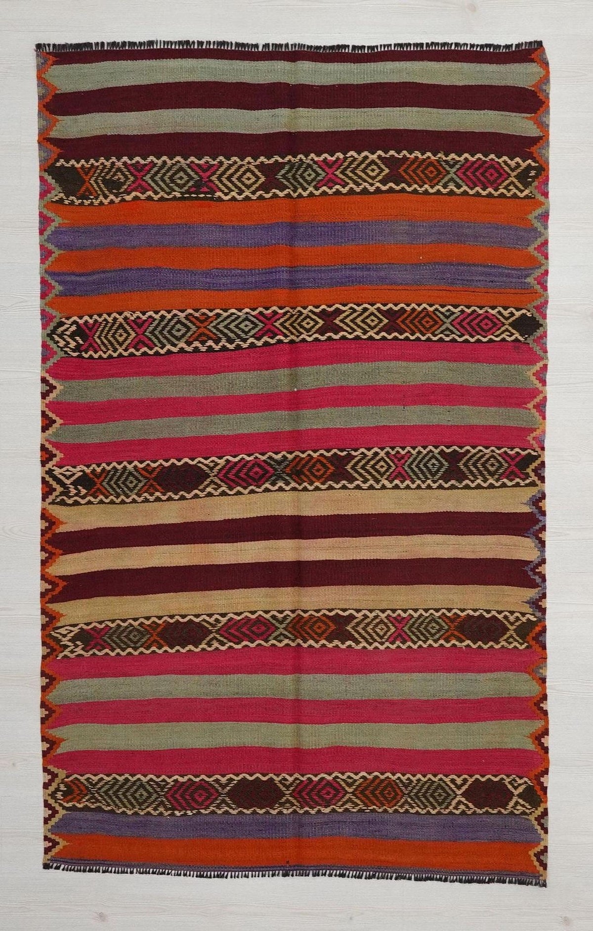 Pink Striped Kilim Rug: Vintage Turkish Wool, Bohemian Decor Rugs,4.3x6.11 ft