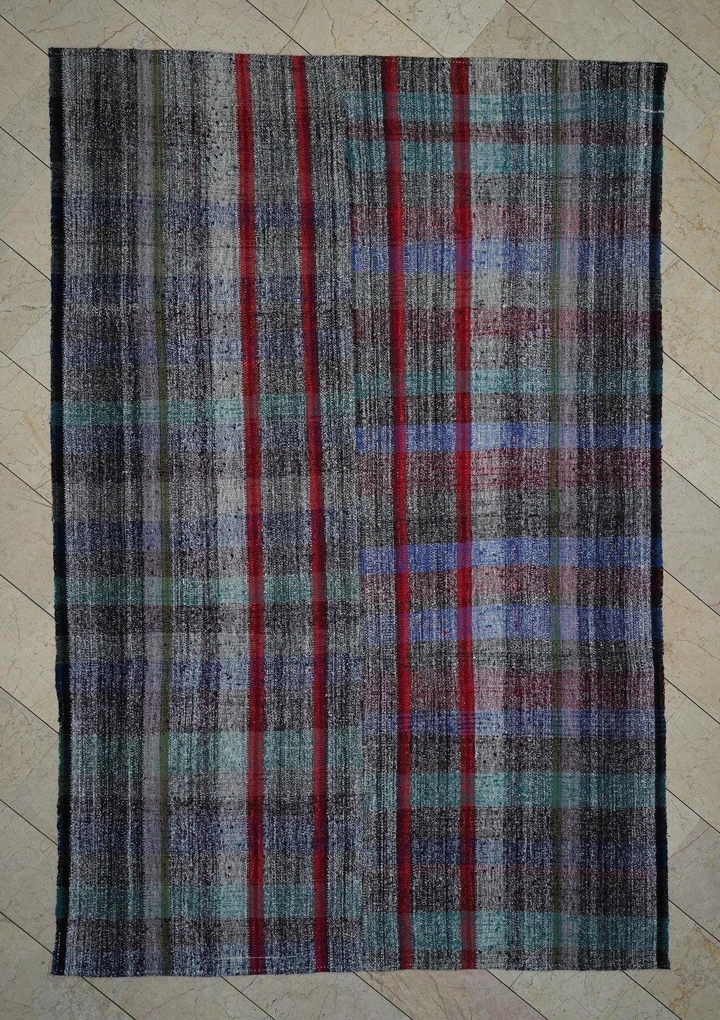 Scandinavian Style Flat Weave Rag Rug: 7.2x11 Feet,Broken Square Stripe Pattern Turkish Kilim.
