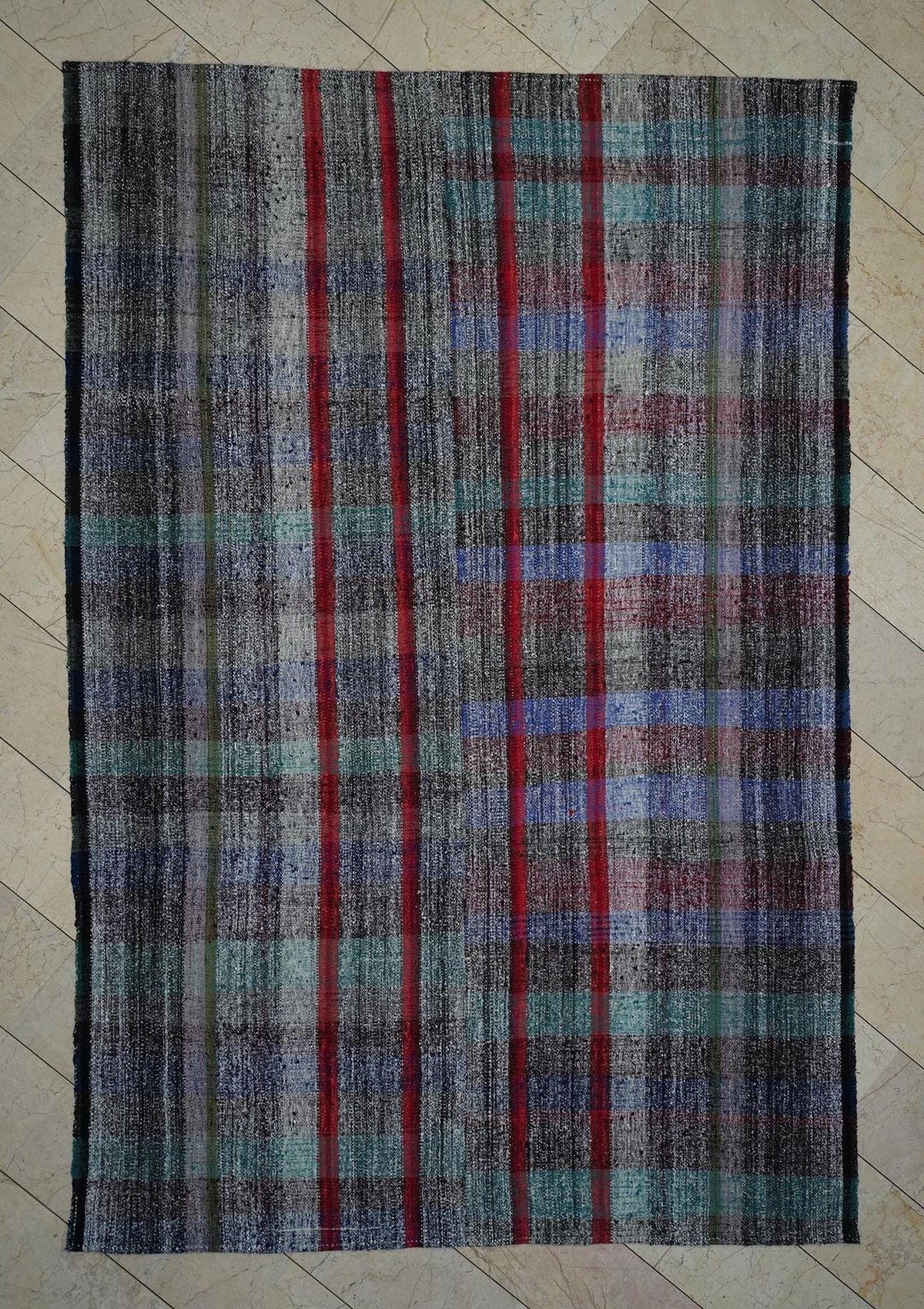 Scandinavian Style Flat Weave Rag Rug: 7.2x11 Feet,Broken Square Stripe Pattern Turkish Kilim.