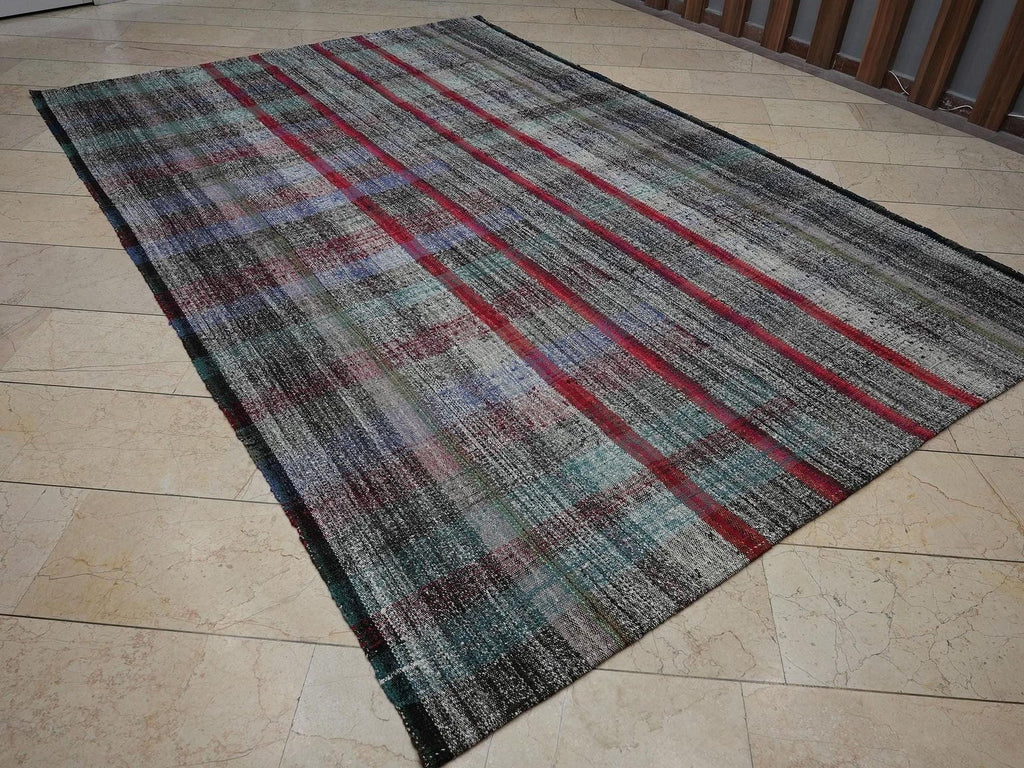 Scandinavian Style Flat Weave Rag Rug: 7.2x11 Feet,Broken Square Stripe Pattern Turkish Kilim.