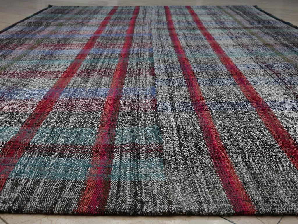 Scandinavian Style Flat Weave Rag Rug: 7.2x11 Feet,Broken Square Stripe Pattern Turkish Kilim.