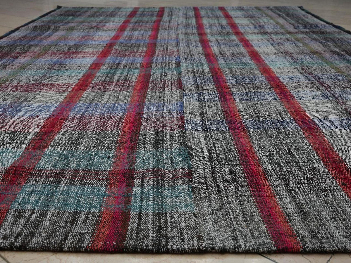 Scandinavian Style Flat Weave Rag Rug: 7.2x11 Feet,Broken Square Stripe Pattern Turkish Kilim.