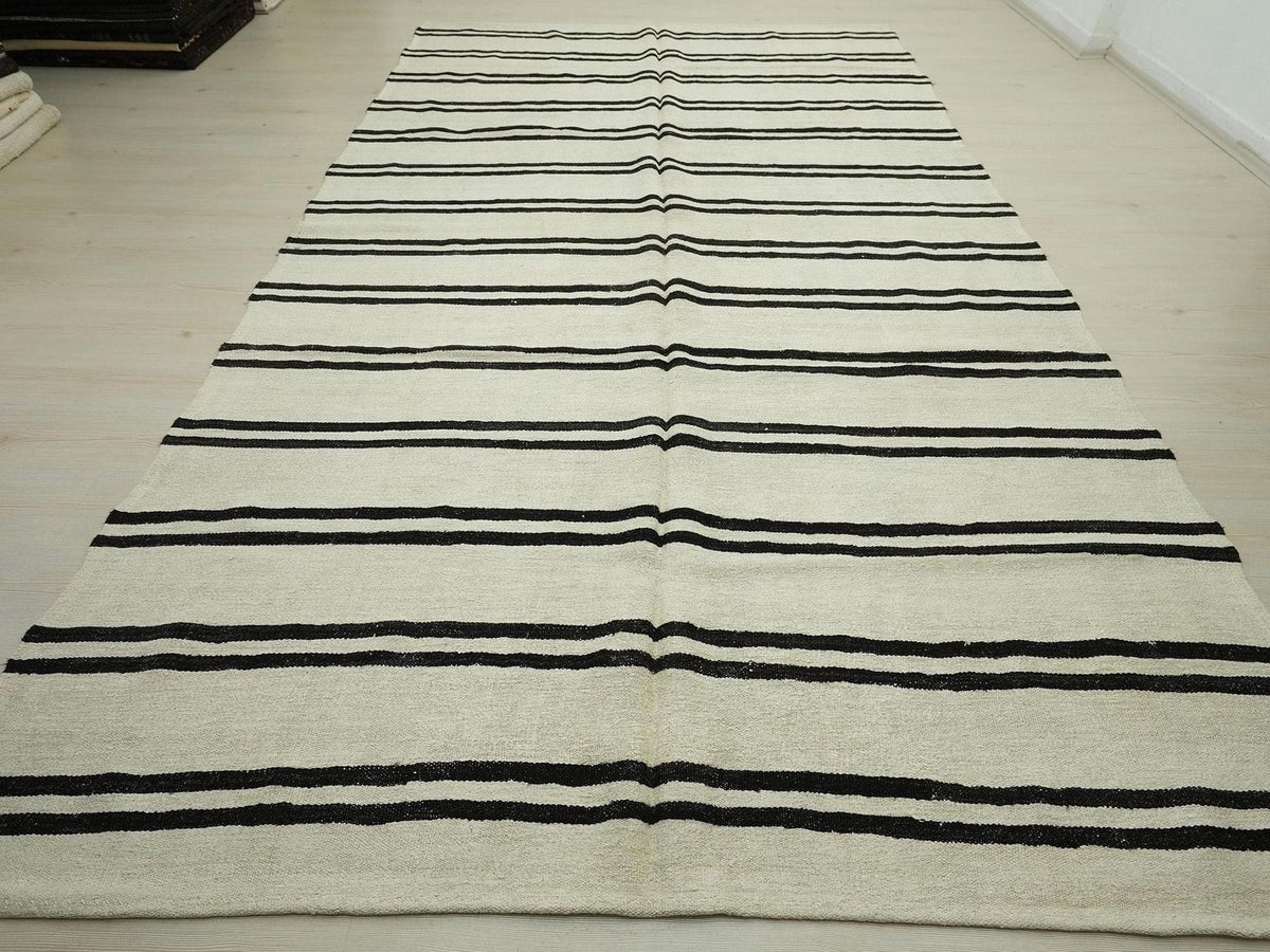 7x12 Stripe Eco-Friendly Hemp Kilim Rug: Scandinavian Home Style Seasonal Decor Turkish Rugs.