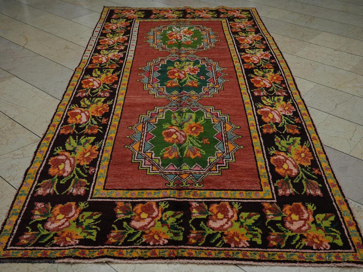 Floral Antique Karabag Armenian Rug: Green & Red  Ruse Design Rugs, 4.9"x9.8" Feet.