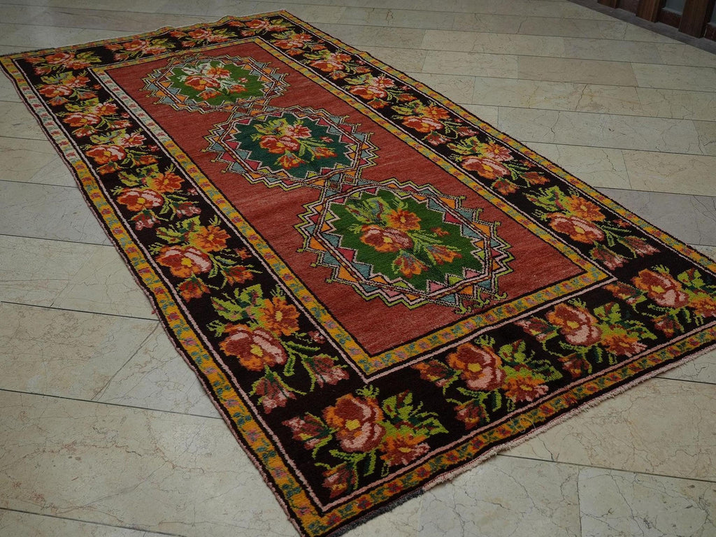 Floral Antique Karabag Armenian Rug: Green & Red  Ruse Design Rugs, 4.9"x9.8" Feet.