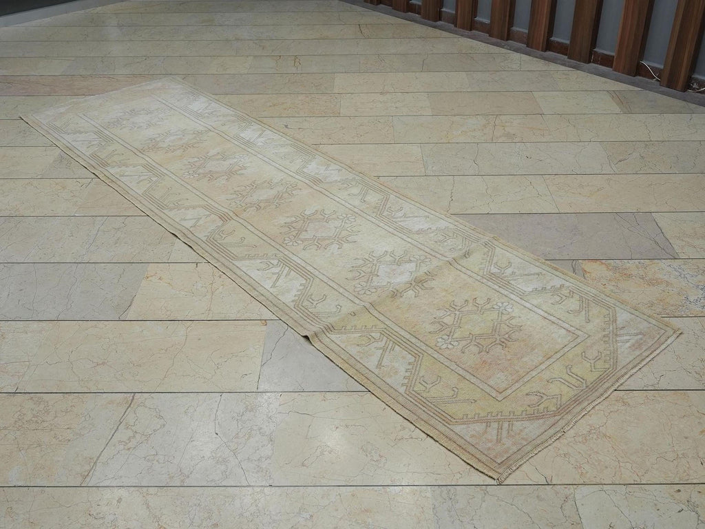 Vintage Wool Oushak Rug Runner: Mid-Century Modern Turkish Rugs, 2.6"x9.3" Feet.