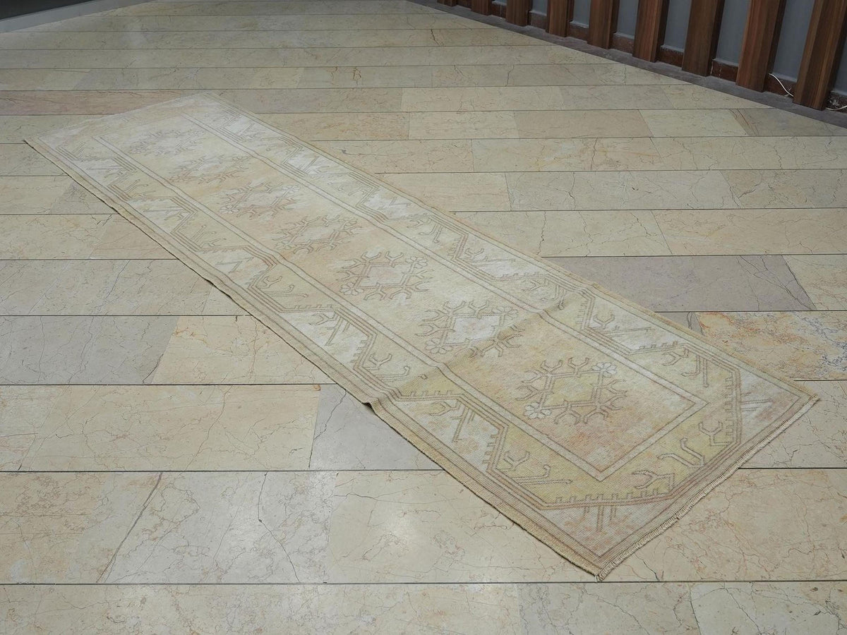 Vintage Wool Oushak Rug Runner: Mid-Century Modern Turkish Rugs, 2.6"x9.3" Feet.