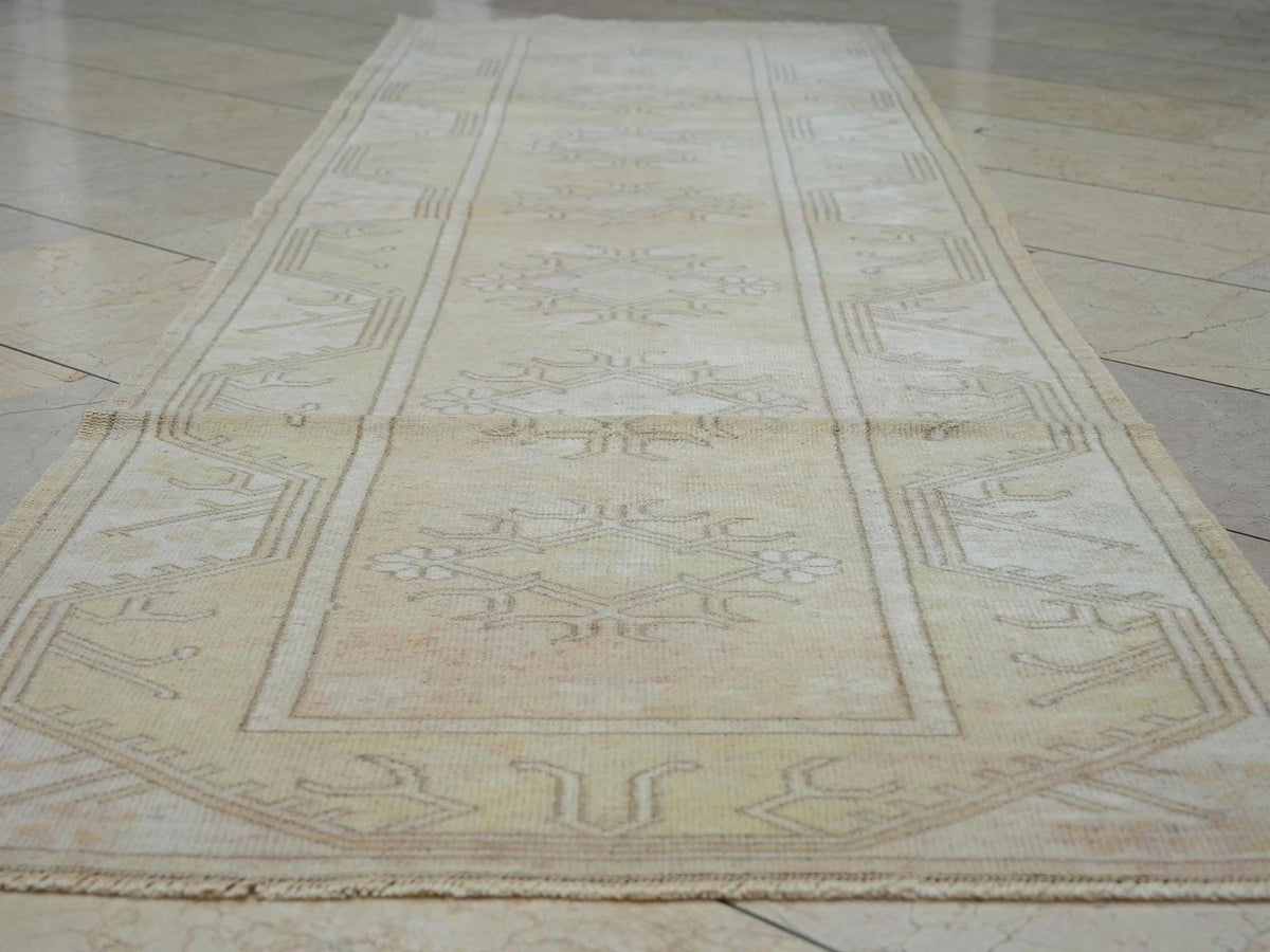 Vintage Wool Oushak Rug Runner: Mid-Century Modern Turkish Rugs, 2.6"x9.3" Feet.