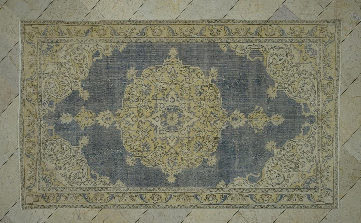 Navy Blue Oushak Rug: 5.4"x9.2' Vintage Turkish Wool Carpet