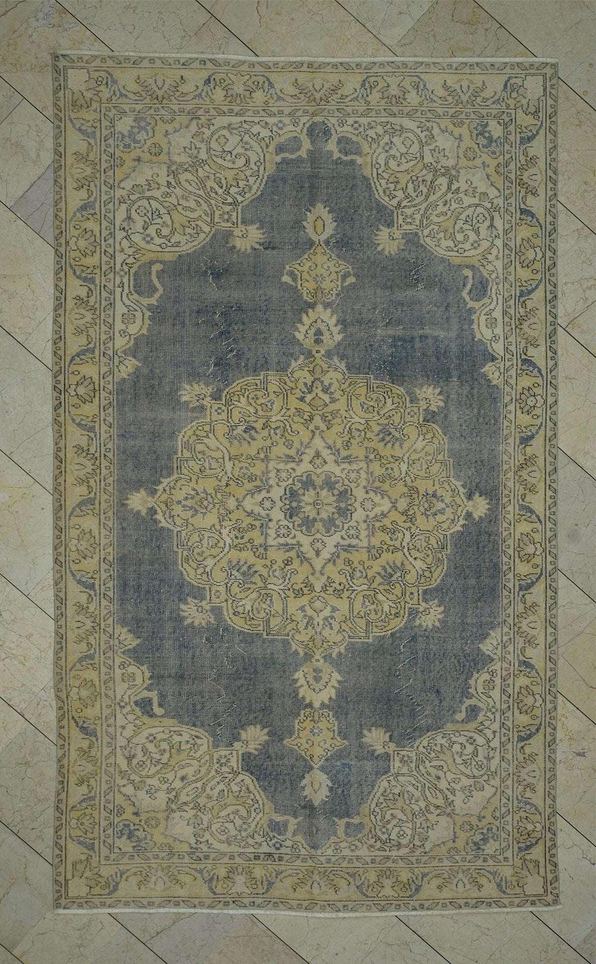 Navy Blue Oushak Rug: 5.4"x9.2' Vintage Turkish Wool Carpet