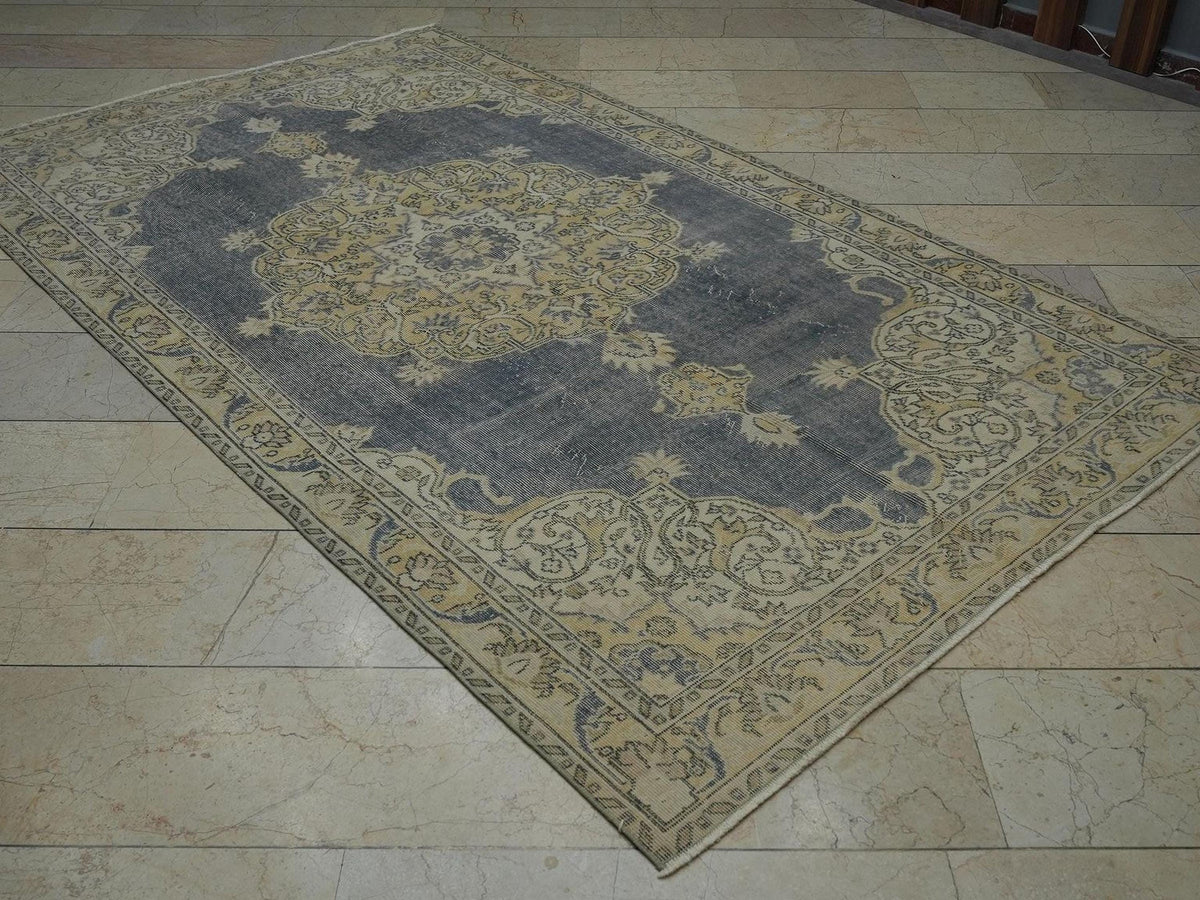 Navy Blue Oushak Rug: 5.4"x9.2' Vintage Turkish Wool Carpet