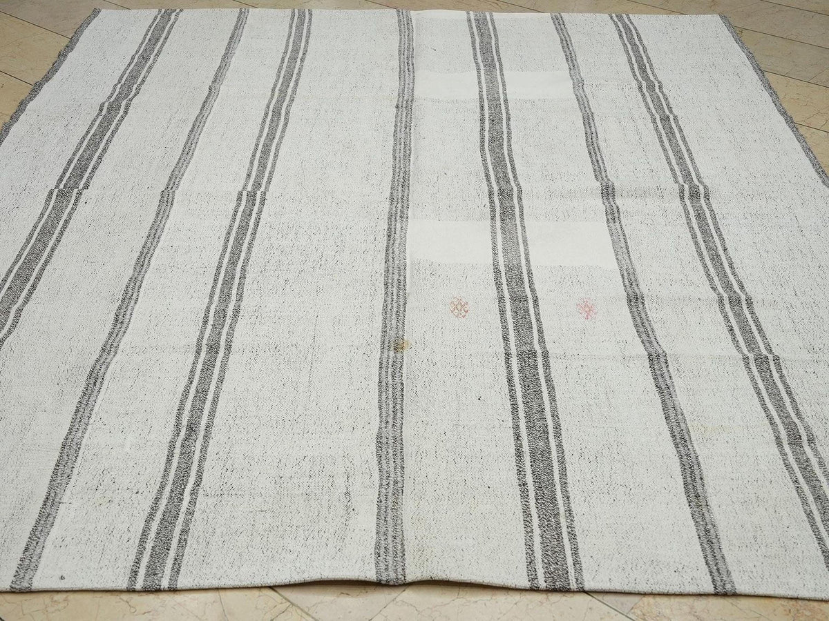 7x9 Scandinavian Style White & Gray Striped Turkish Kilim Rug: Cotton And Goat Hair Rugs.