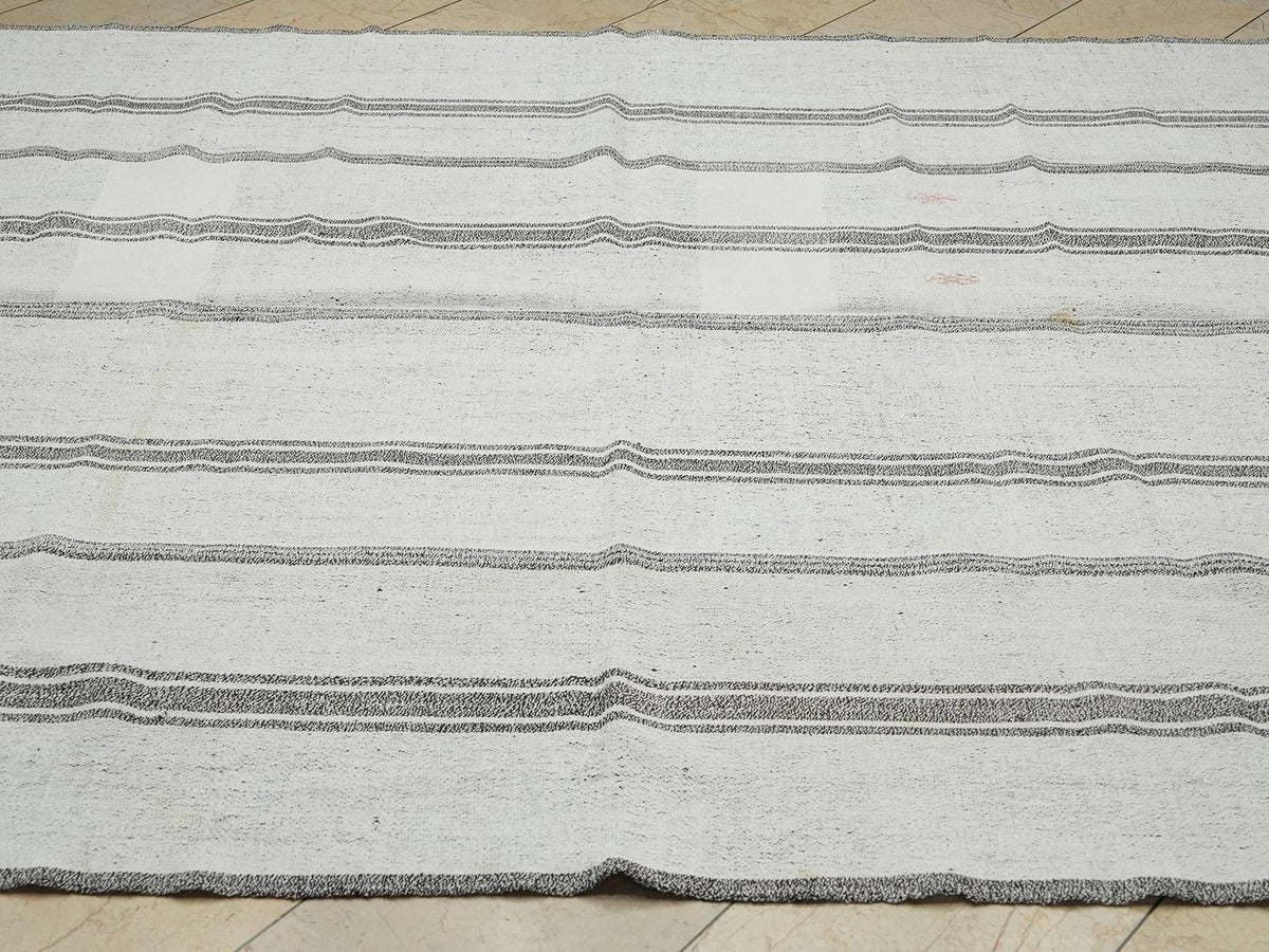 7x9 Scandinavian Style White & Gray Striped Turkish Kilim Rug: Cotton And Goat Hair Rugs.