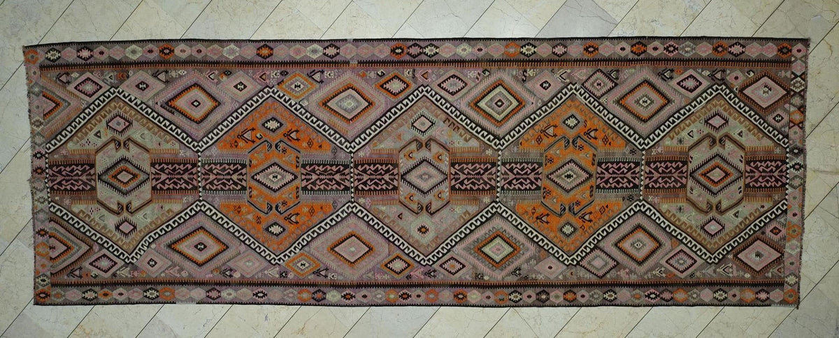 5x14,4 Old Kurdish Kars Kilim Rug Runner,Extra Long Area,Minimalist Style Decor Rugs.