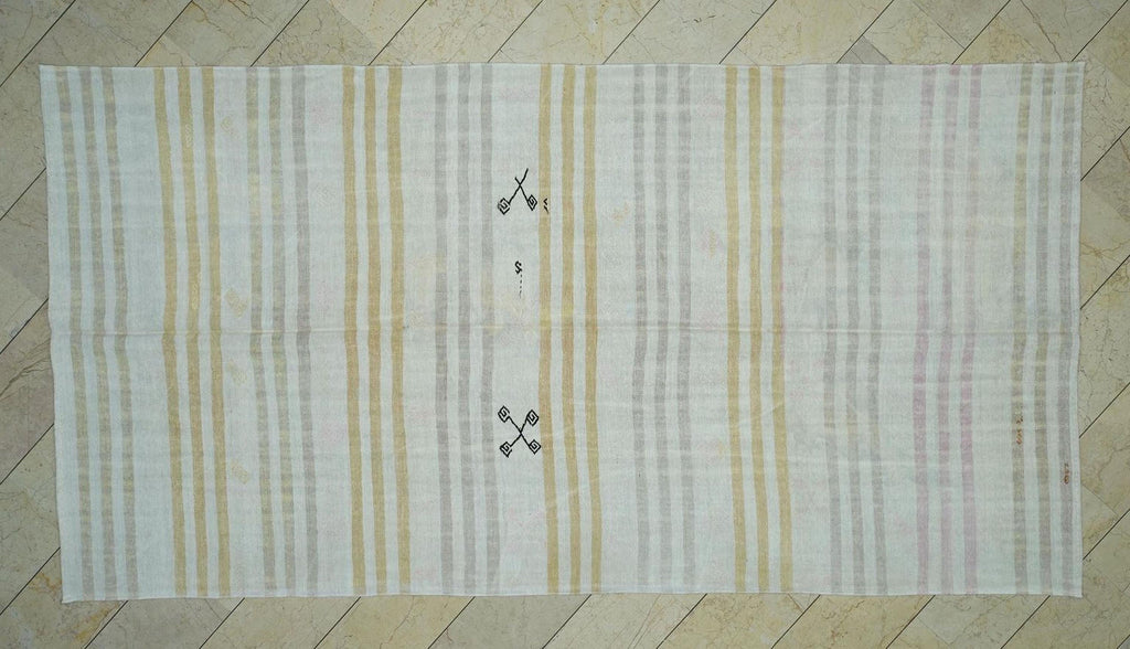 Flat Weave Hemp Kilim Rug: 6,5"x11.9" Ft, Minimalist Stripe Pattern Turkish Rugs.
