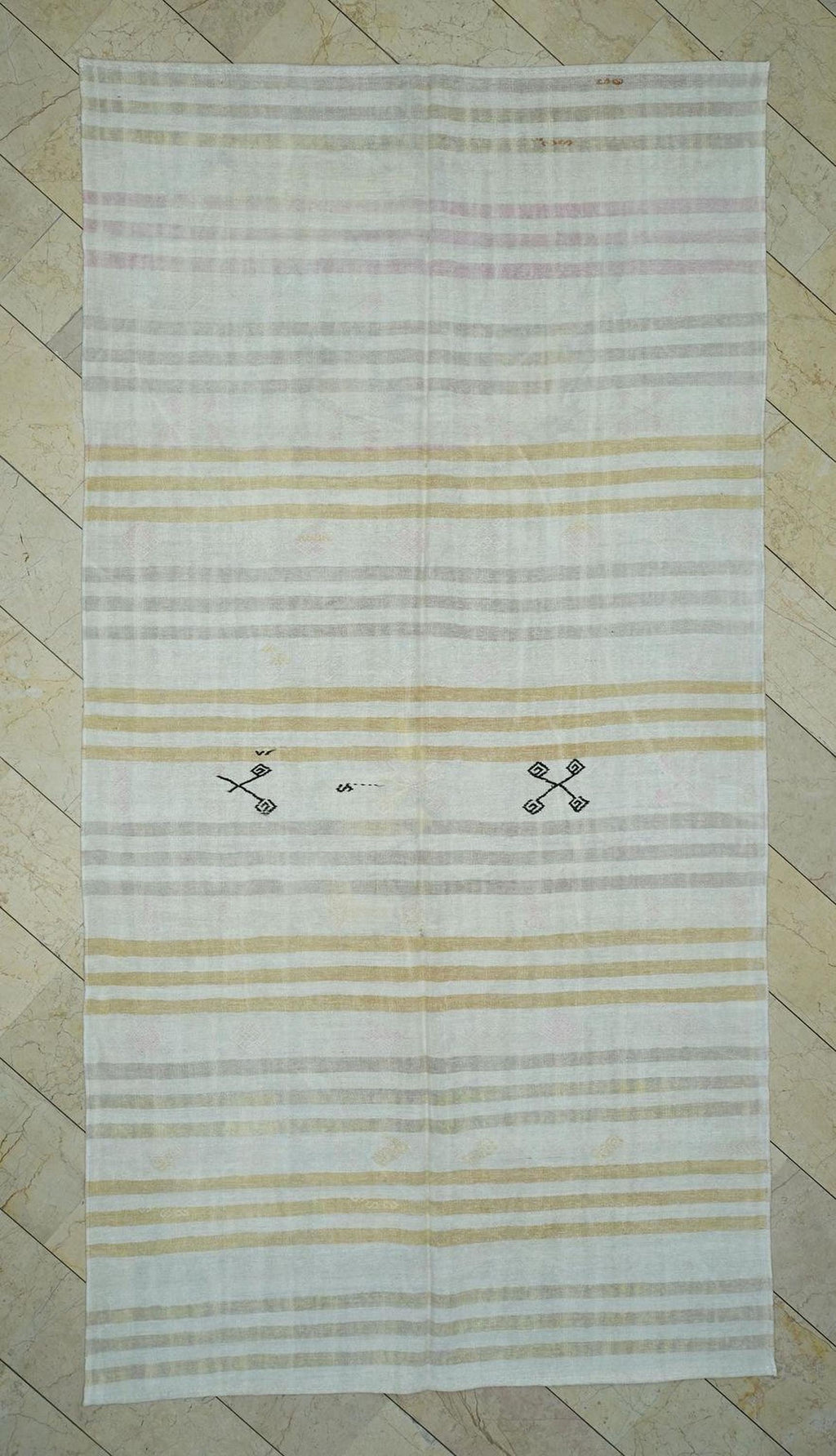 Flat Weave Hemp Kilim Rug: 6,5"x11.9" Ft, Minimalist Stripe Pattern Turkish Rugs.