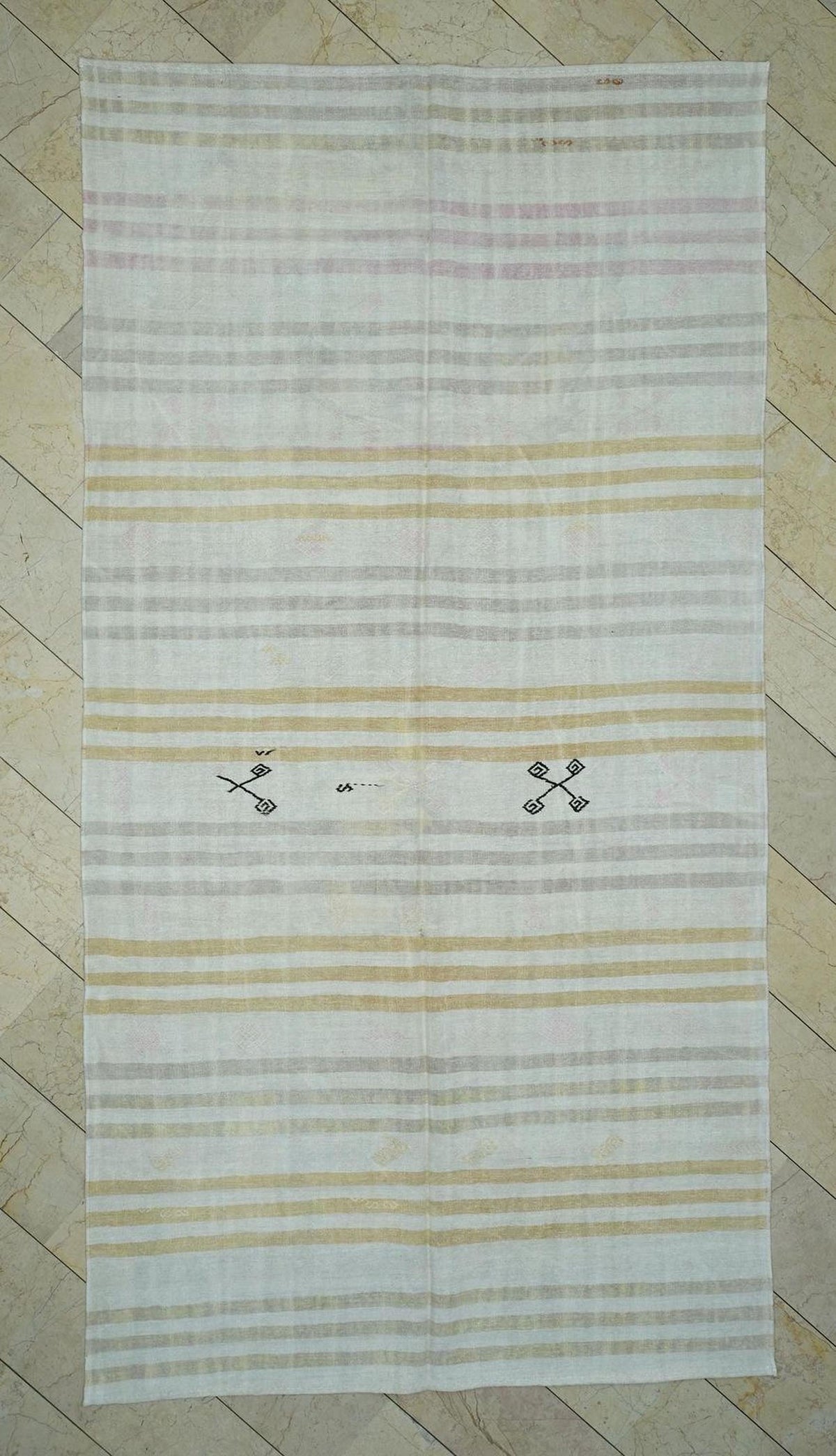 Flat Weave Hemp Kilim Rug: 6,5"x11.9" Ft, Minimalist Stripe Pattern Turkish Rugs.