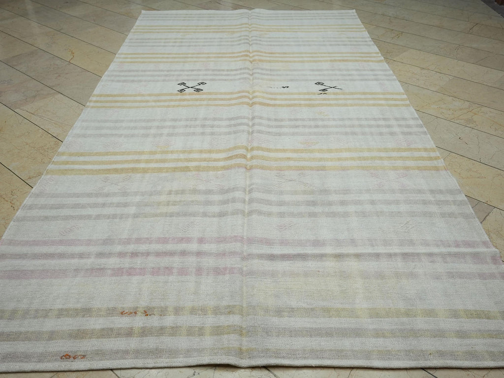 Flat Weave Hemp Kilim Rug: 6,5"x11.9" Ft, Minimalist Stripe Pattern Turkish Rugs.