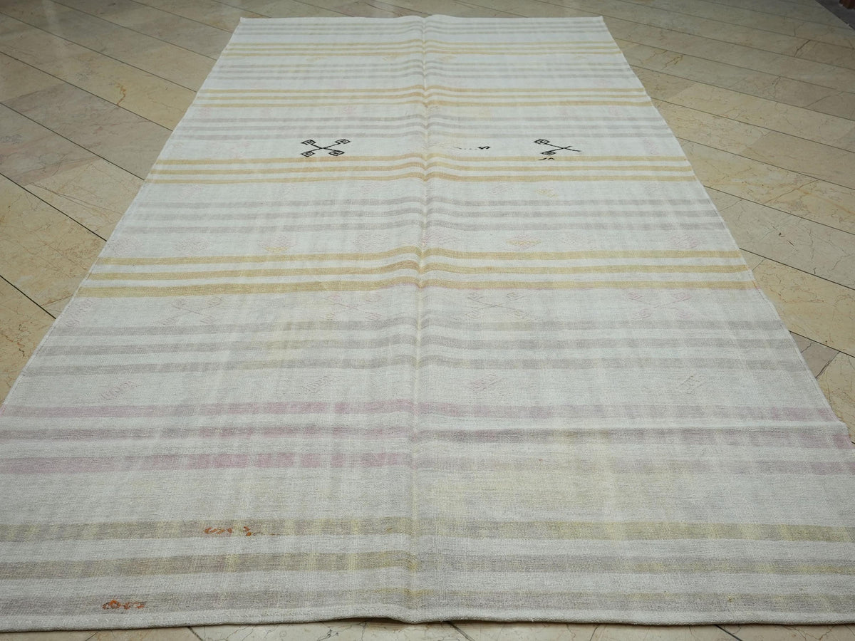 Flat Weave Hemp Kilim Rug: 6,5"x11.9" Ft, Minimalist Stripe Pattern Turkish Rugs.