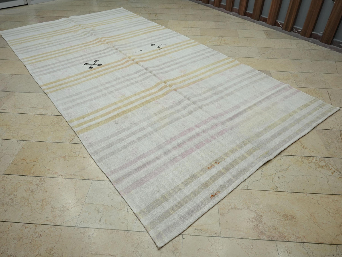 Flat Weave Hemp Kilim Rug: 6,5"x11.9" Ft, Minimalist Stripe Pattern Turkish Rugs.