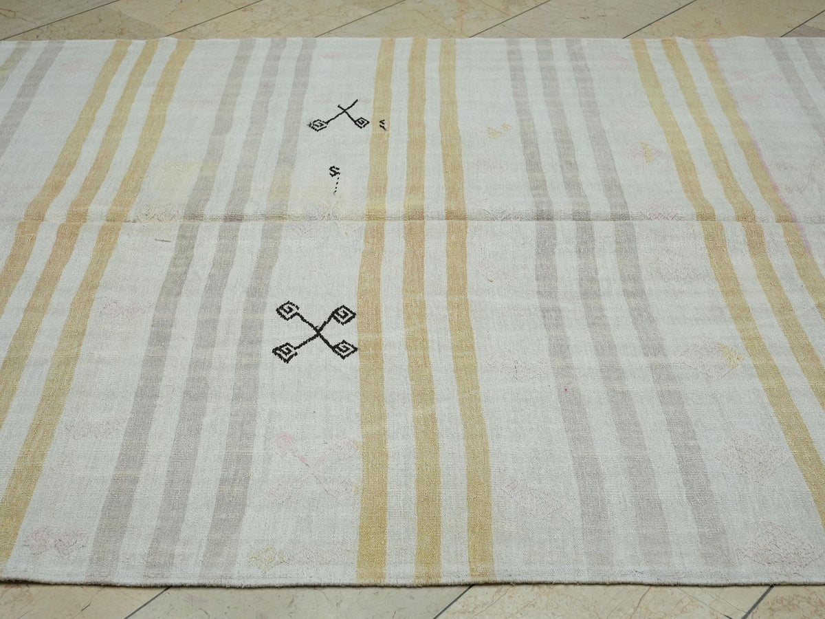 Flat Weave Hemp Kilim Rug: 6,5"x11.9" Ft, Minimalist Stripe Pattern Turkish Rugs.