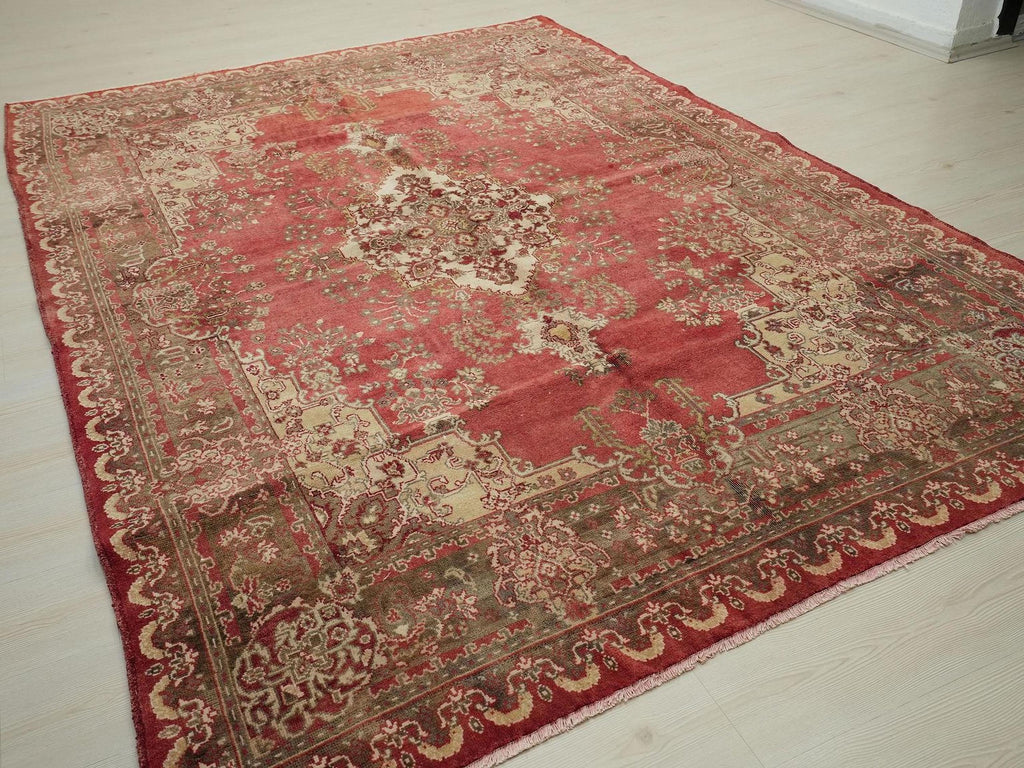 Antique Decor Turkish Sivas Rug: 6.7x9.5 ft, Red Brown Large Anatolian Carpet Rugs.