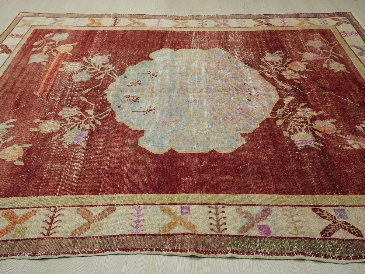1930s Antique Decor Wool Turkish Area Rug: 7x9.4 ft, West Anatolian Carpet Rugs.