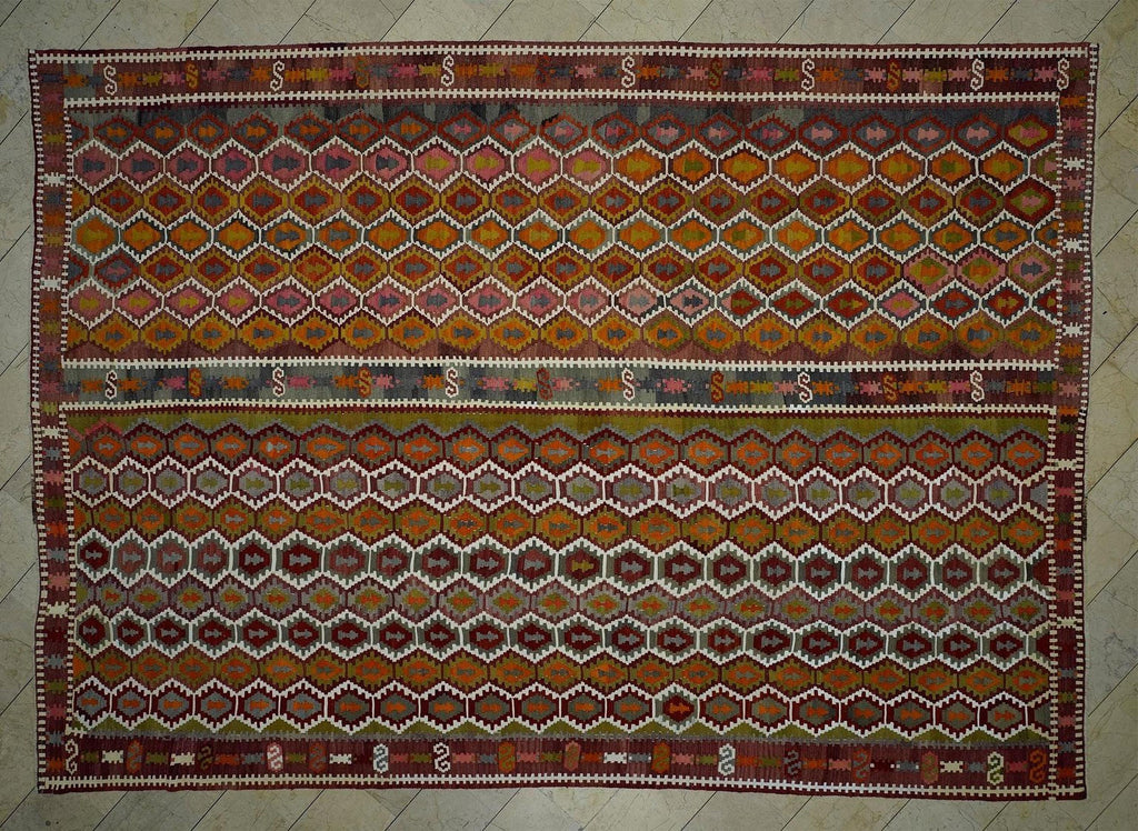 Honeycomb Design Turkish Wool Antique Kilim Rug,10x14 Luxurious Decor Handmade Rugs.