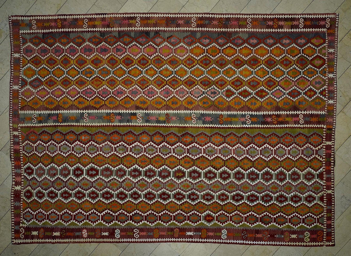 Honeycomb Design Turkish Wool Antique Kilim Rug,10x14 Luxurious Decor Handmade Rugs.