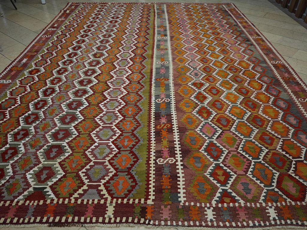 Honeycomb Design Turkish Wool Antique Kilim Rug,10x14 Luxurious Decor Handmade Rugs.