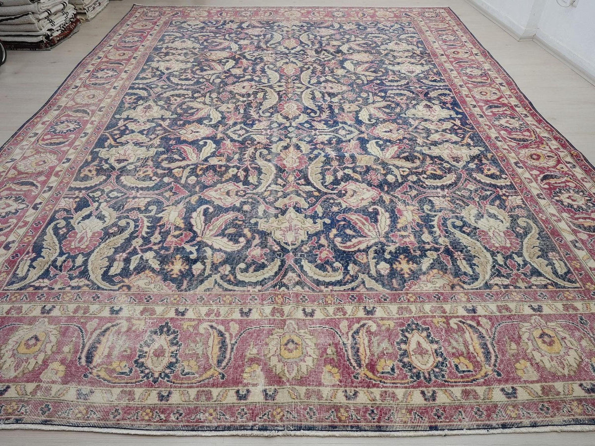 Oversize Navy Blue Oushak Rug: 9,6"x13,3" Feet, Vintage Floral Turkish Carpet Rugs.