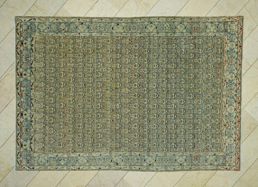 7x10 Antique Area Rug:Geometric Pattern Sky Blue & Chickpeas Colors Turkish Rugs
