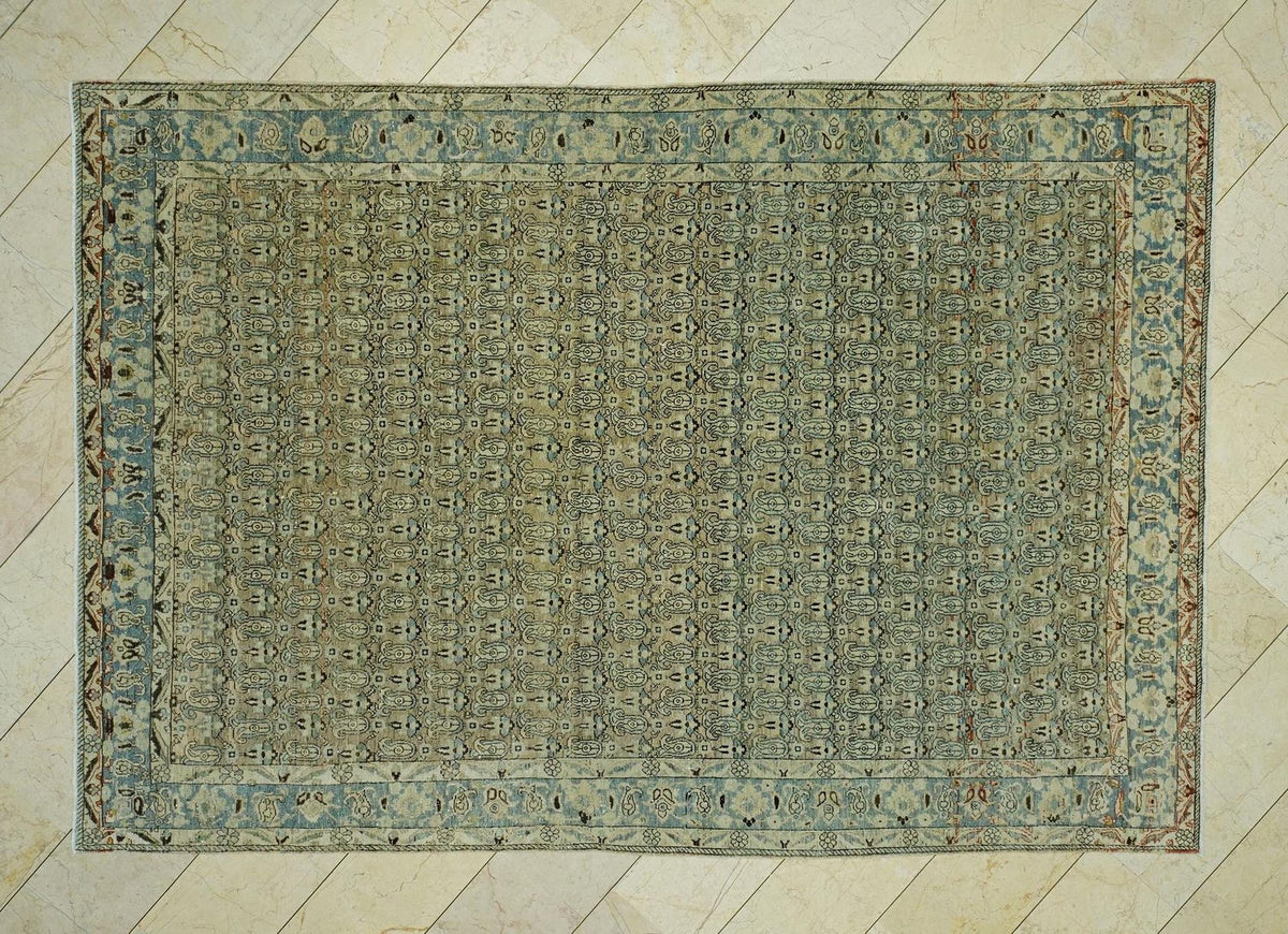 7x10 Antique Area Rug:Geometric Pattern Sky Blue & Chickpeas Colors Turkish Rugs